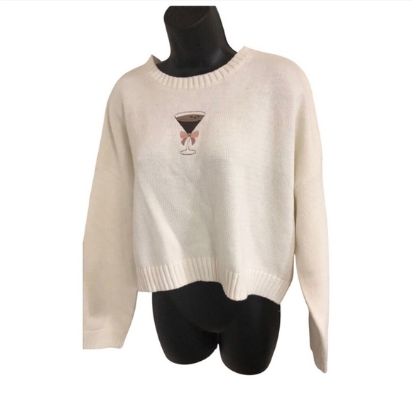 Cream bronze bow chocolate espresso martini glass ribbed crewneck sweater size L - Picture 1 of 10